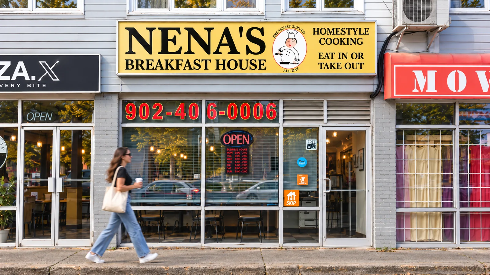Nena’s Breakfast House storefront on Wyse Road, with its yellow sign above the entrance