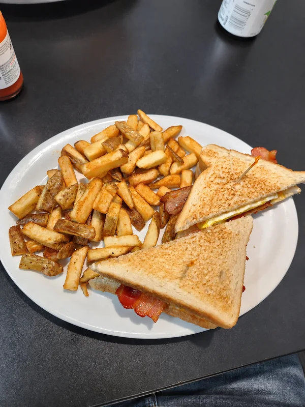 Toasted sandwich and home fries on a white plate at Nena’s